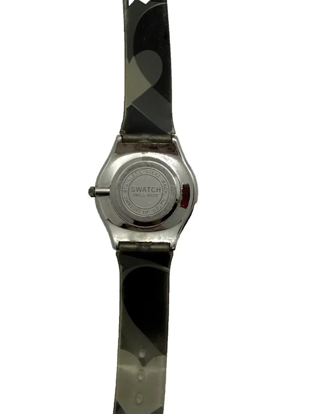 Swatch AG200 Women's Watch Hearts Silver Tone Case Gray Blue Plastic Band Quartz